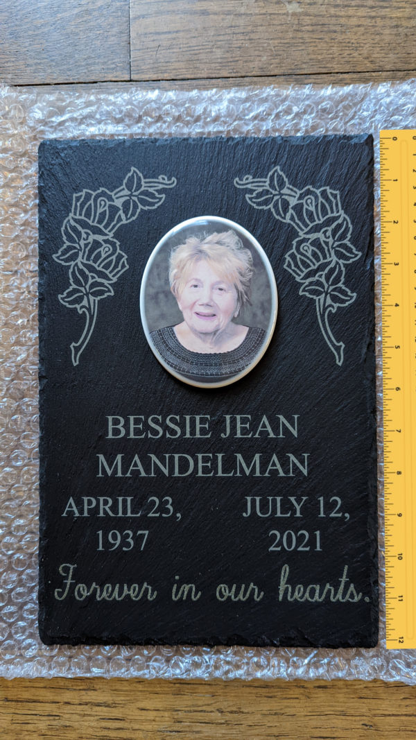 Indoor Forever In Our Hearts Customized Wall Memorial Slate Plaque Laser Engraved with a custom Porcelain Ceramic Portrait.